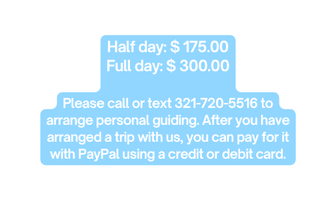 Half day 175 00 Full day 300 00 Please call or text 321 720 5516 to arrange personal guiding After you have arranged a trip with us you can pay for it with PayPal using a credit or debit card